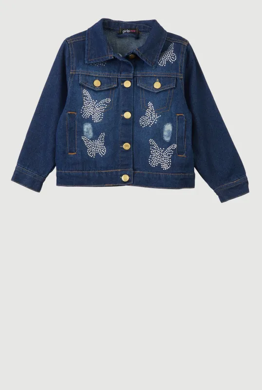 Little Girls Rhinestone Butterfly Distressed Denim Jacket sold by Rainbow