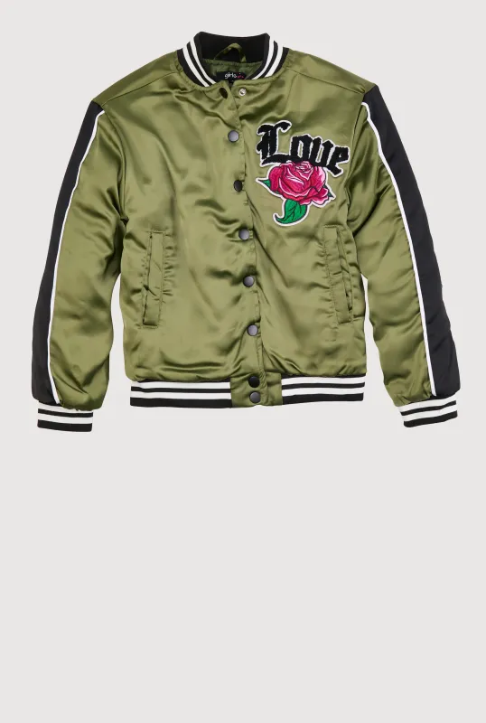 Girls Satin Love Chenille Patch Bomber Jacket sold by Rainbow