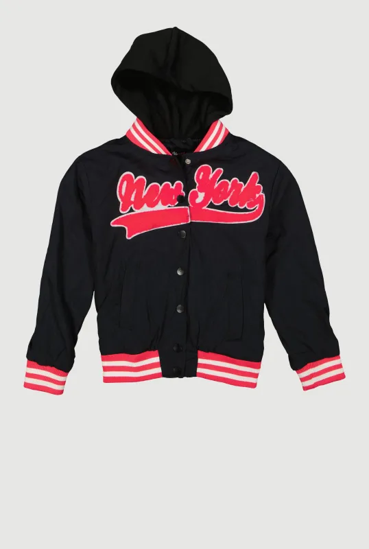 Little Girls New York Hooded Varsity Jacket sold by Rainbow