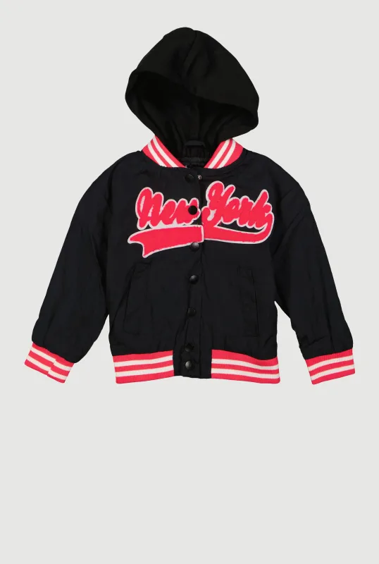 Girls New York Chenille Patch Hooded Varsity Jacket sold by Rainbow