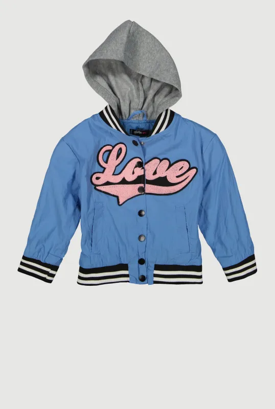 Little Girls Love Chenille Patch Hooded Varsity Jacket sold by Rainbow