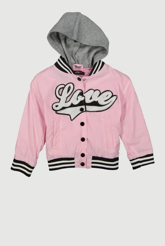 Little Girls Love Chenille Patch Hooded Varsity Jacket sold by Rainbow