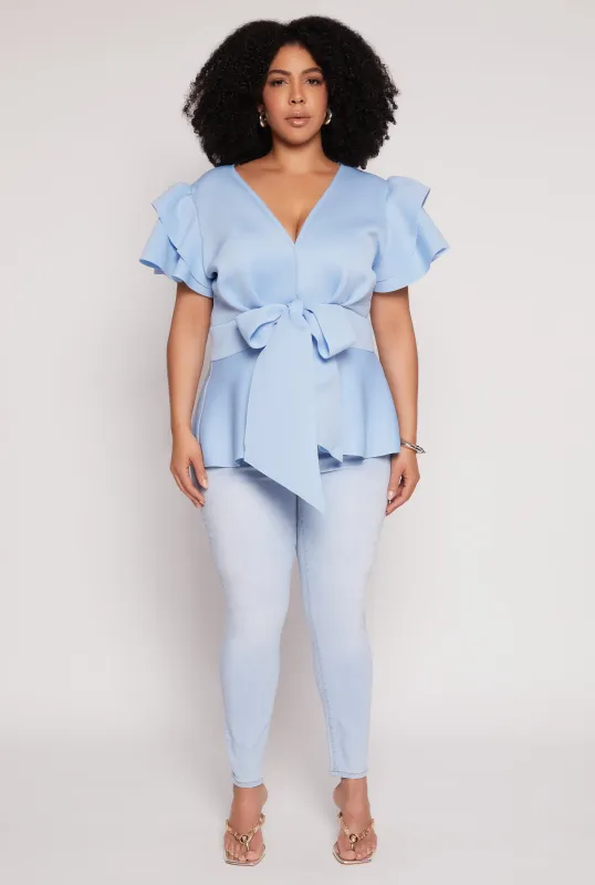 Plus Size Tiered Sleeve Tie Waist Peplum Top sold by Rainbow