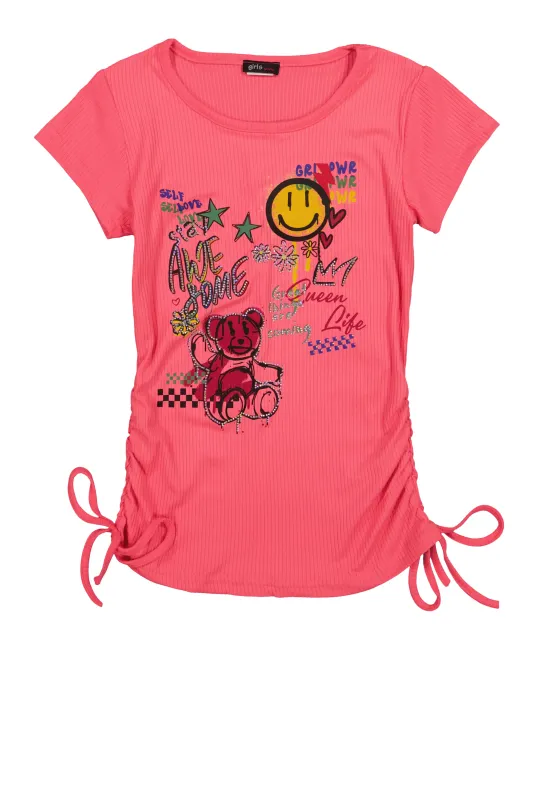 Girls Rhinestones Stay Awesome Graphic Ruched Top sold by Rainbow