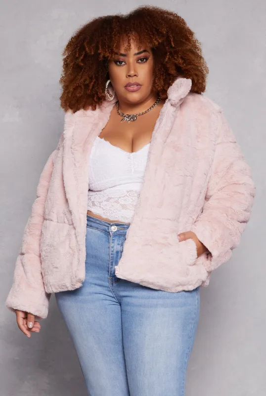 Plus Size Faux Fur Zip Front Jacket sold by Rainbow