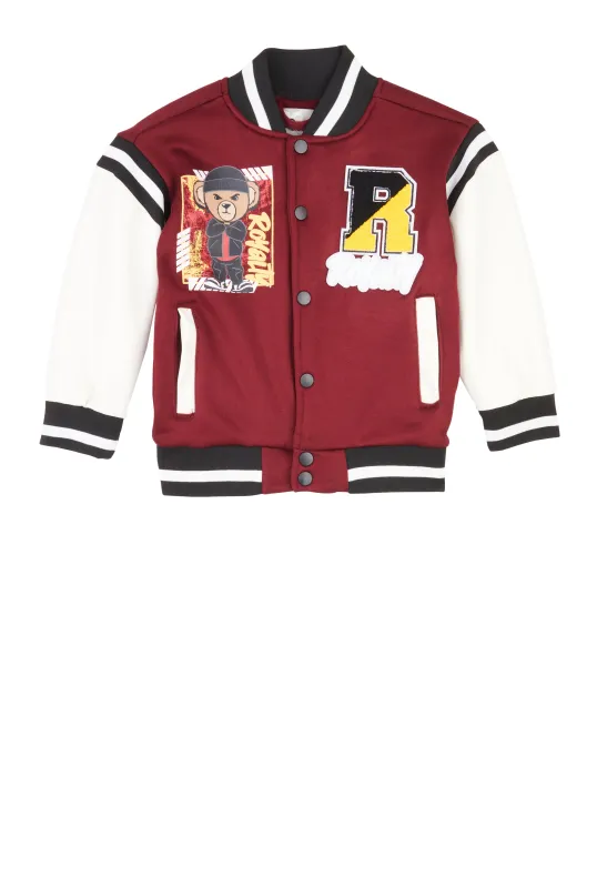 Little Boys Royalty Chenille Patch Graphic Varsity Jacket sold by Rainbow