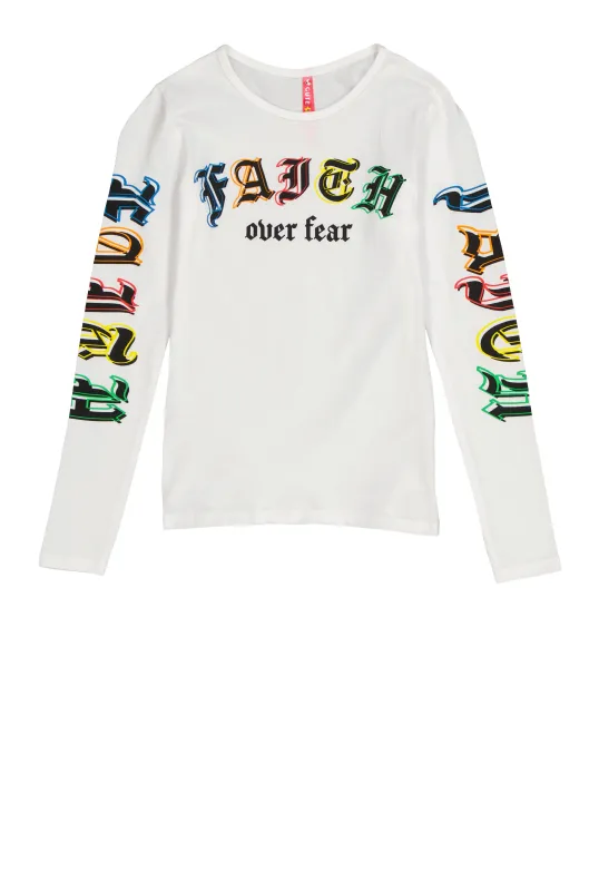 Girls Faith Over Fear Long Sleeve Top sold by Rainbow