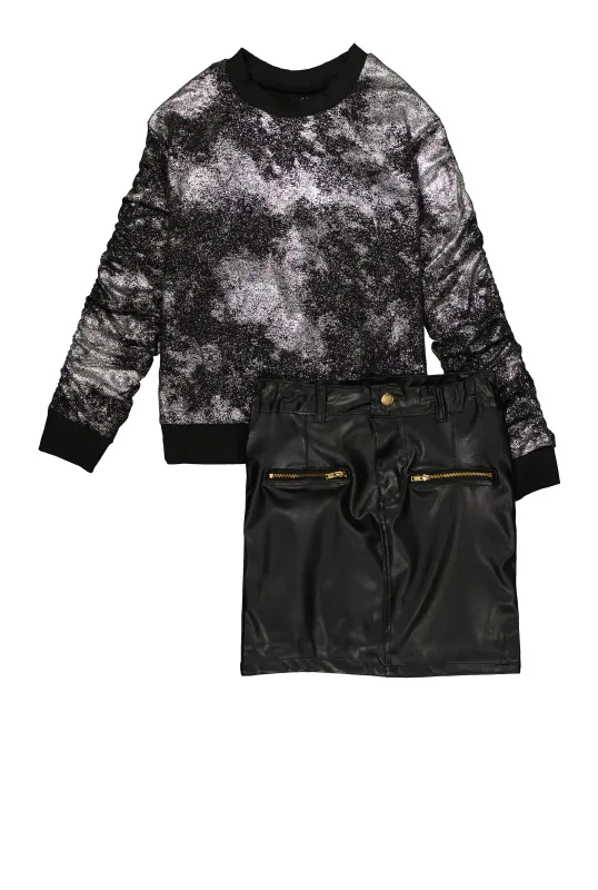 Girls Foil Screen Sweatshirt and Faux Leather Skirt sold by Rainbow