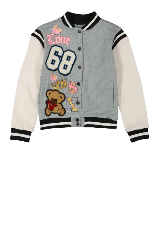 Girls 68 Chenille Graphic Patch Varsity Jacket sold by Rainbow