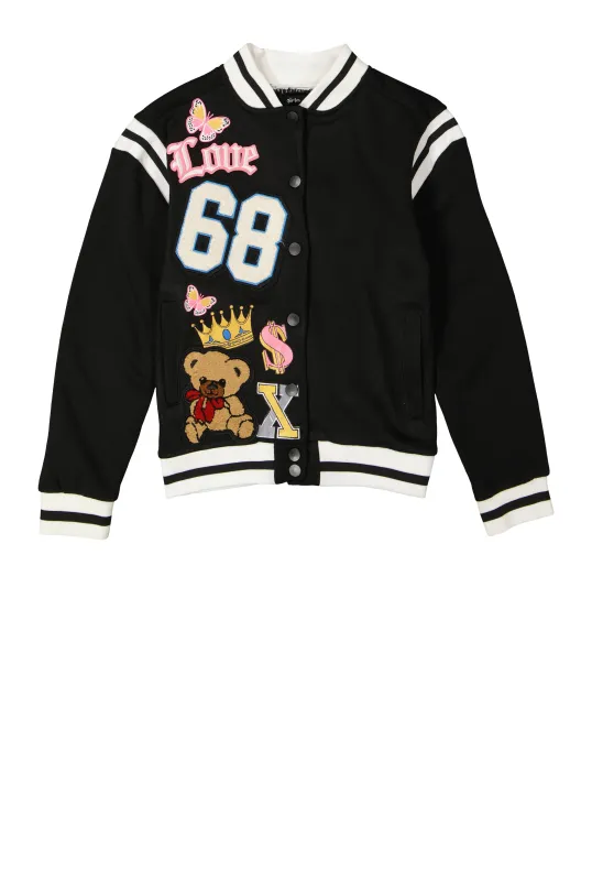 Girls 68 Chenille Graphic Patch Varsity Jacket sold by Rainbow