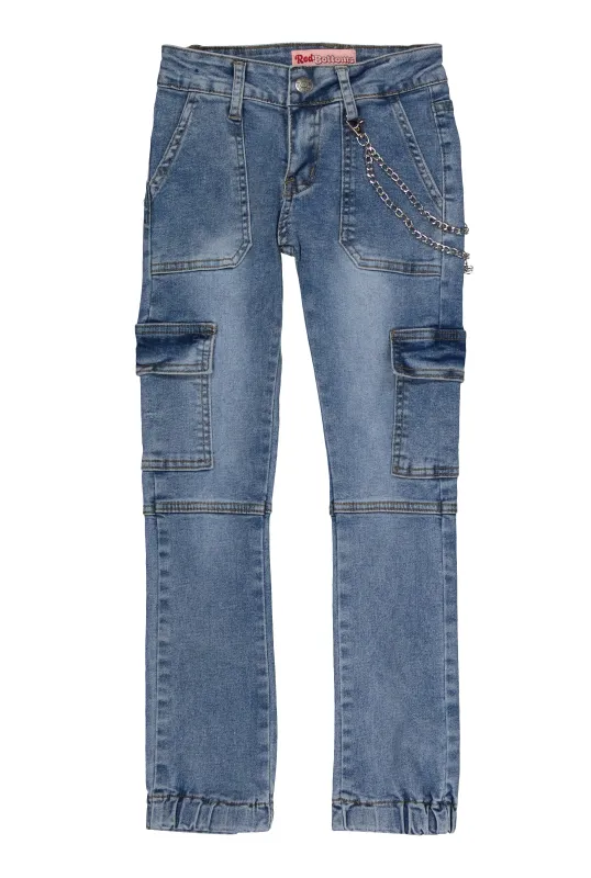Girls Chain Detail Denim Cargo Joggers sold by Rainbow
