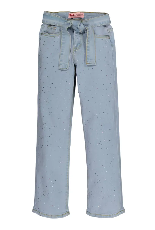 Girls Tie Waist Belted Rhinestone Studded Jeans sold by Rainbow