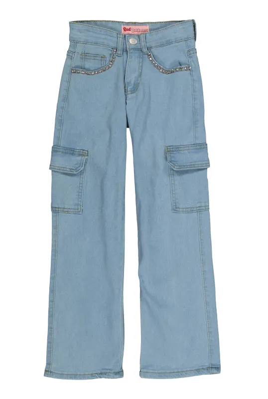Girls Rhinestone Trim Cargo Jeans sold by Rainbow