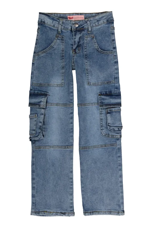 Girls Acid Wash Straight Leg Cargo Jeans sold by Rainbow