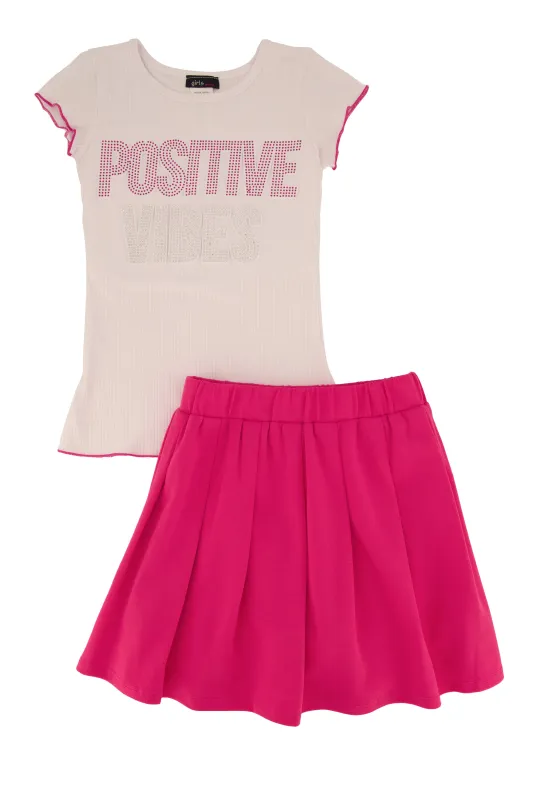 Little Girls Rhinestone Positive Vibes Tee and Pleated Skirt sold by Rainbow