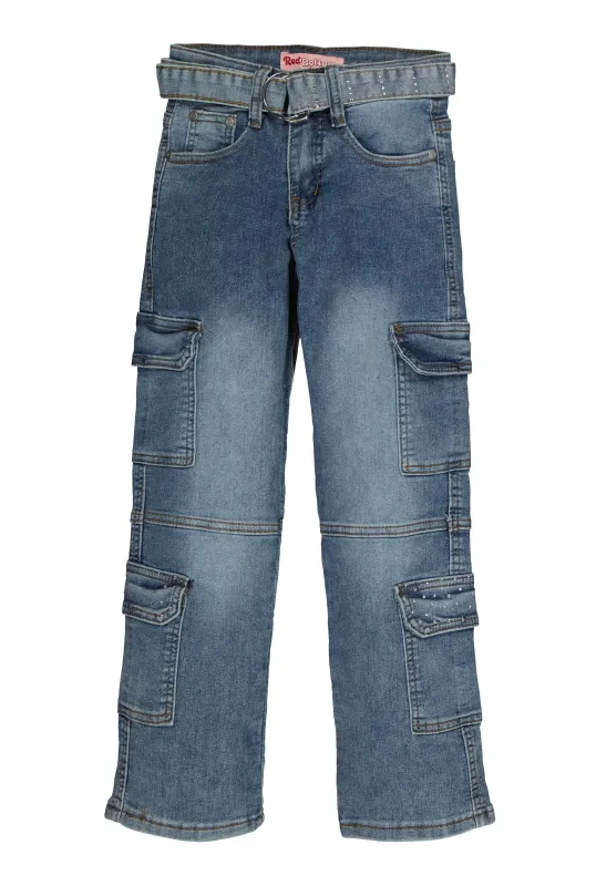 Girls Rhinestone Detail Belted Cargo Jeans sold by Rainbow