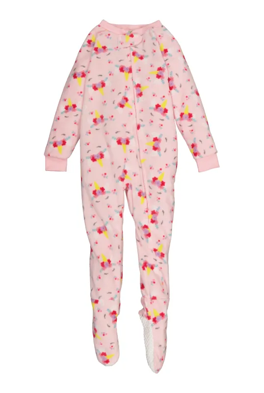 Girls Fleece Unicorn Floral Print Footed Pajamas sold by Rainbow