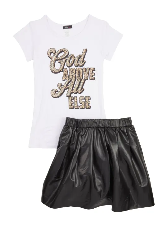 Girls God Above All Else Tee and Pleated Skirt sold by Rainbow
