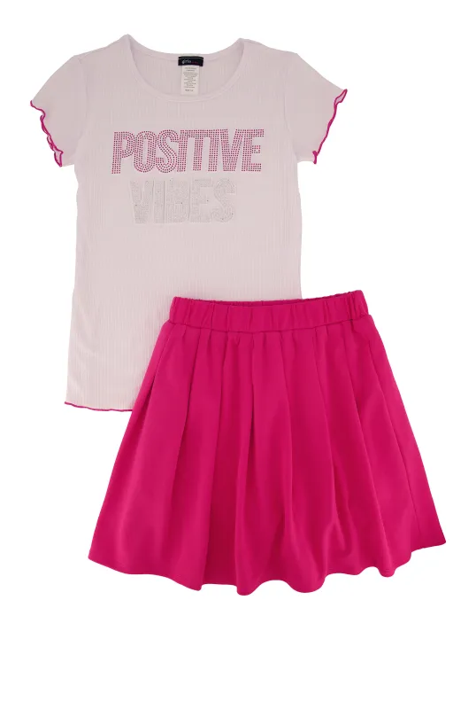 Girls Rhinestone Positive Vibes Tee and Pleated Skirt sold by Rainbow