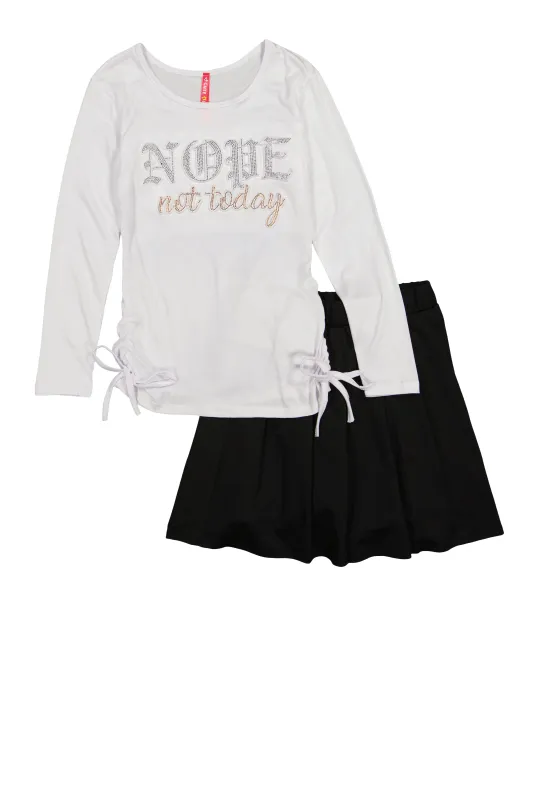 Girls Rhinestone Nope Not Today Top and Pleated Skirt sold by Rainbow