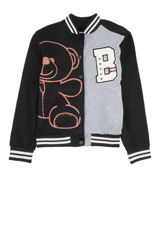 Girls Color Block Chenille Patch Bomber Jacket sold by Rainbow