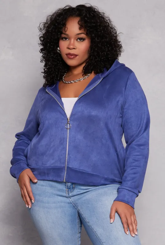 Plus Size Faux Suede Zip Front Hoodie sold by Rainbow