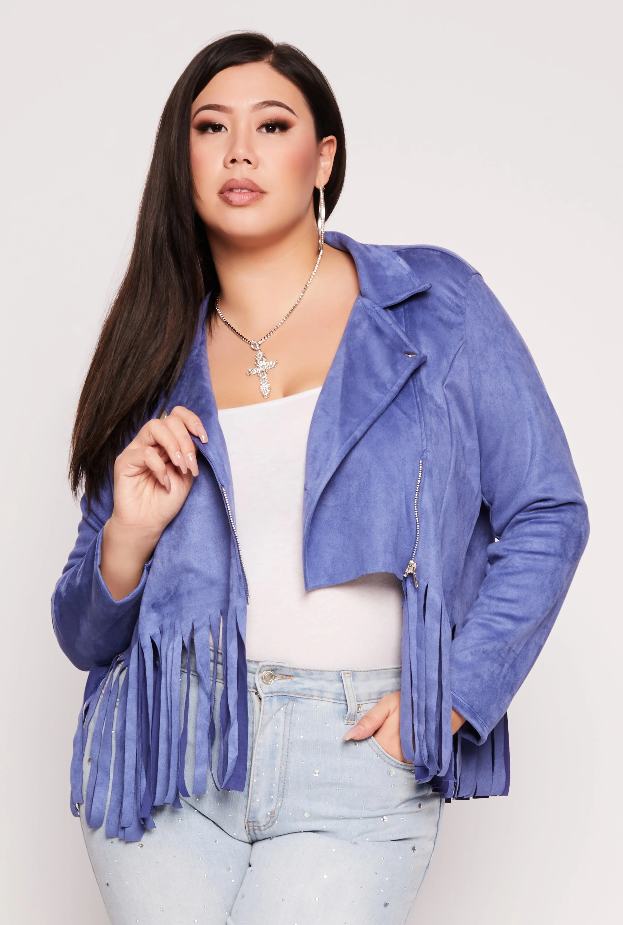 Plus Size Faux Suede Fringe Hem Moto Jacket sold by Rainbow