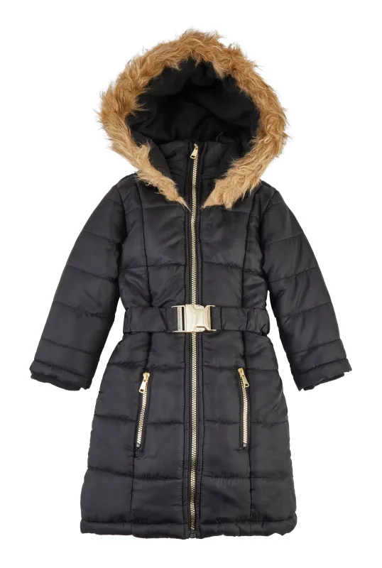 Little Girls Faux Fur Trim Zip Front Long Puffer Jacket sold by Rainbow