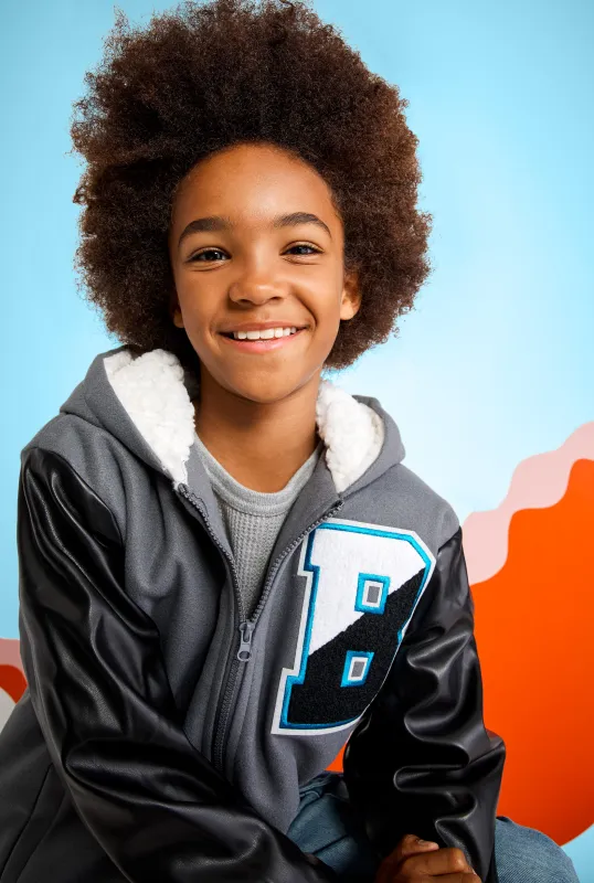 Boys B Initial Faux Leather Sleeve Hooded Jacket sold by Rainbow