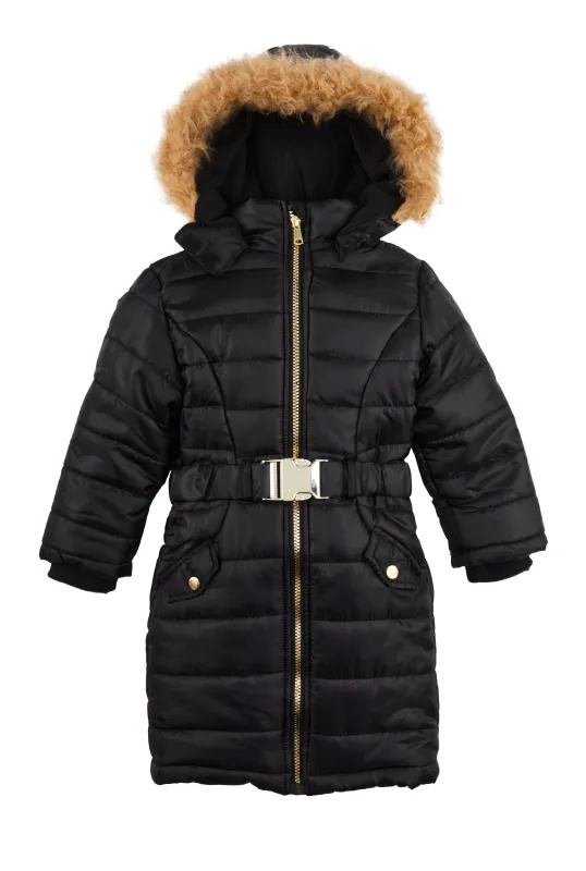Little Girls Belted Hooded Long Puffer Jacket sold by Rainbow