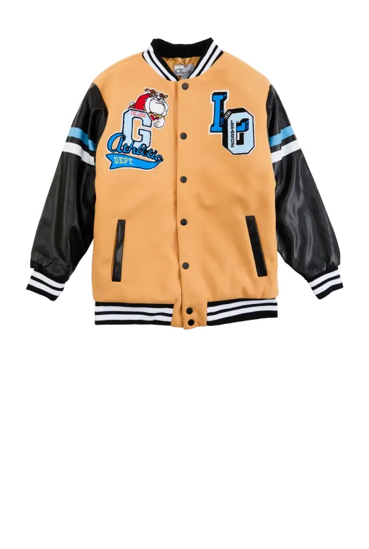 Boys Graphic Chenille Patch Varsity Jacket sold by Rainbow