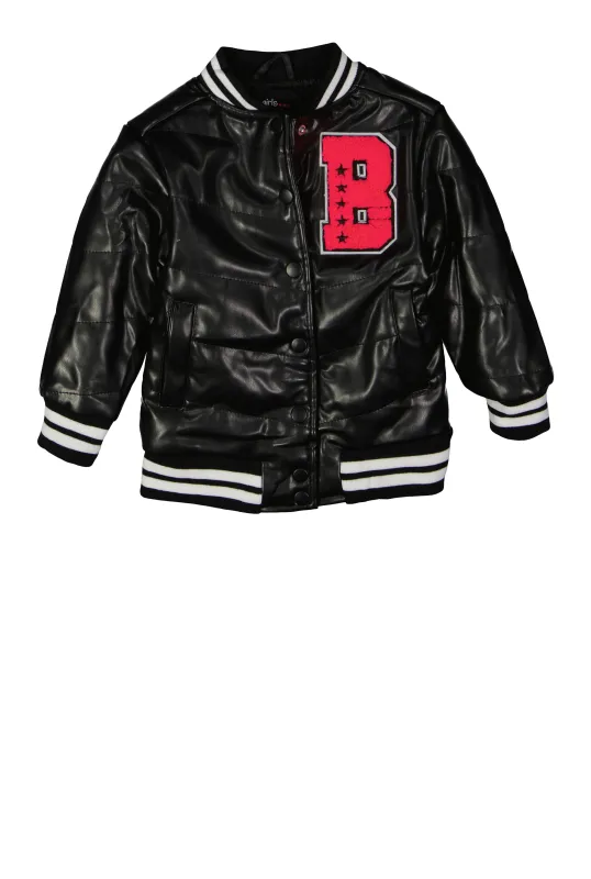 Little Girls B Initial Chenille Patch Faux Leather Jacket sold by Rainbow