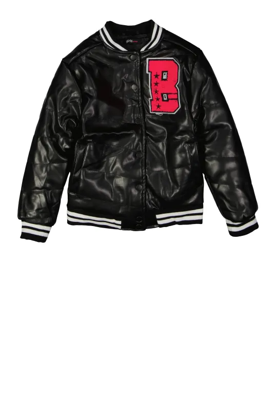Girls B Initial Chenille Patch Faux Leather Jacket sold by Rainbow