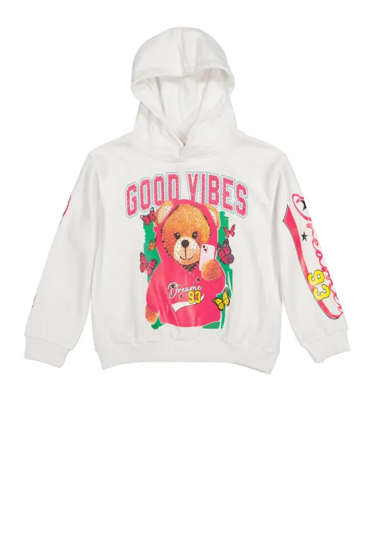 Girls Rhinestone Good Vibes Bear Graphic Hoodie sold by Rainbow