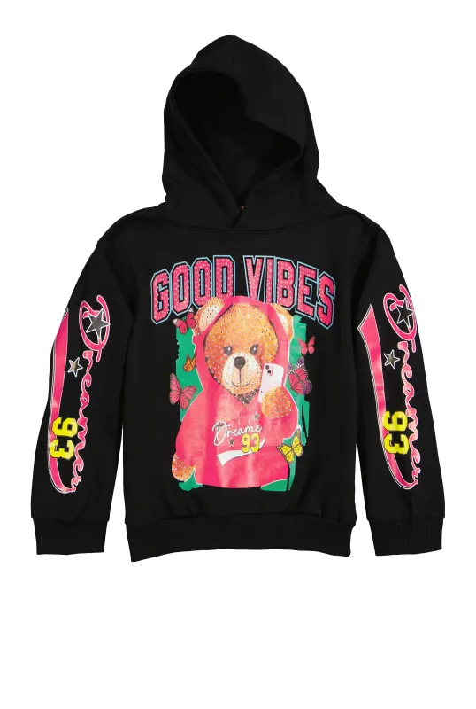Girls Rhinestone Good Vibes Bear Graphic Hoodie sold by Rainbow