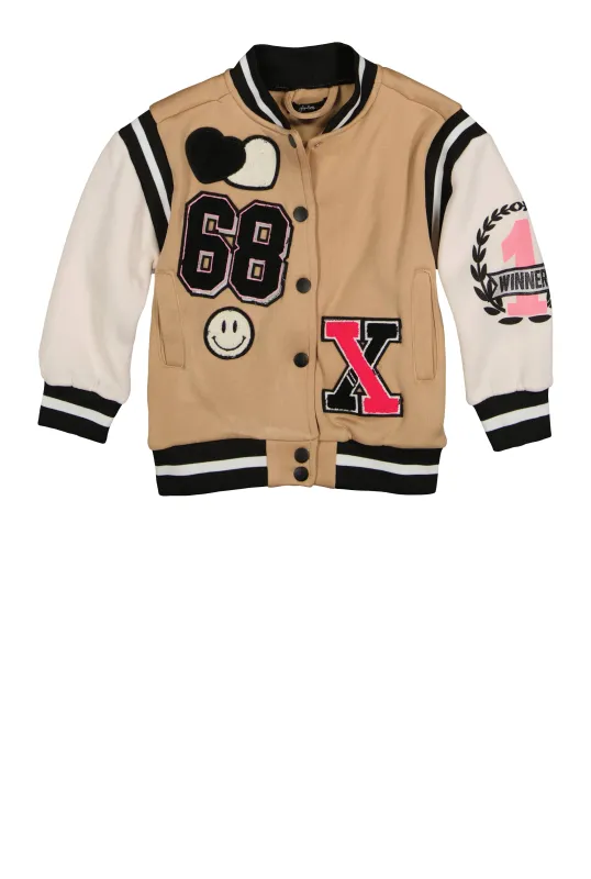 Little Girls 68 Graphic Chenille Patch Varsity Jacket sold by Rainbow