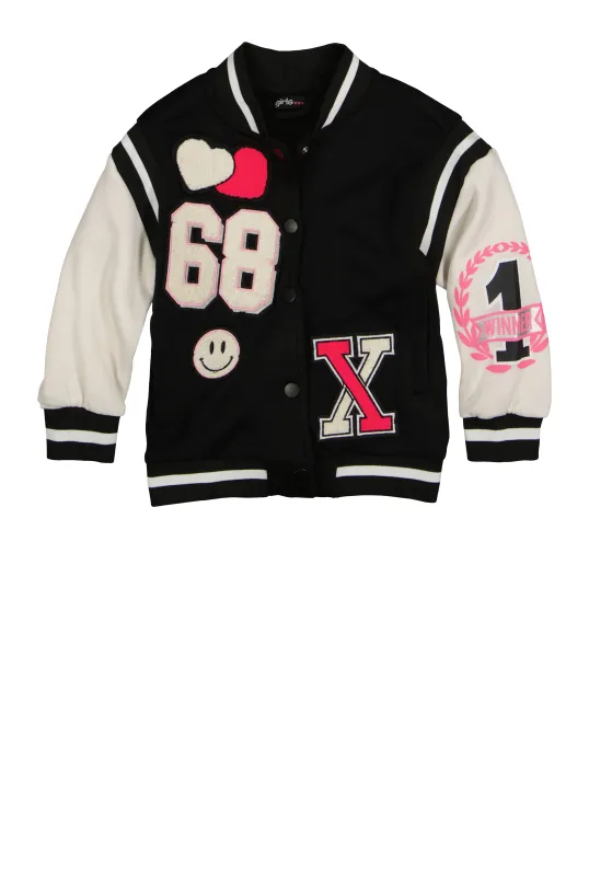 Little Girls 68 Graphic Chenille Patch Varsity Jacket sold by Rainbow