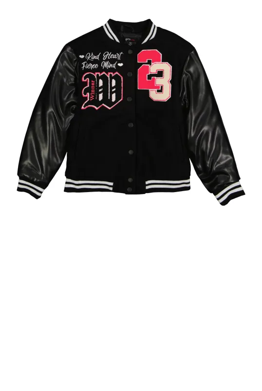 Girls Love 23 Chenille Patch Graphic Varsity Jacket sold by Rainbow