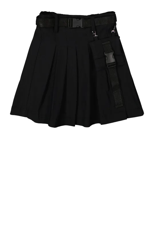Girls Solid Belted Pouch Detail Pleated Skirt sold by Rainbow