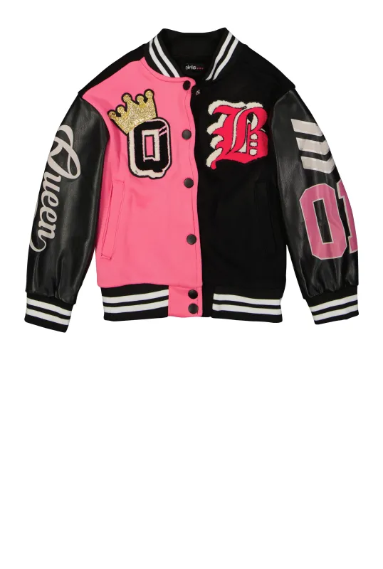 Little Girls Glitter Queen Chenille Patch Varsity Jacket sold by Rainbow