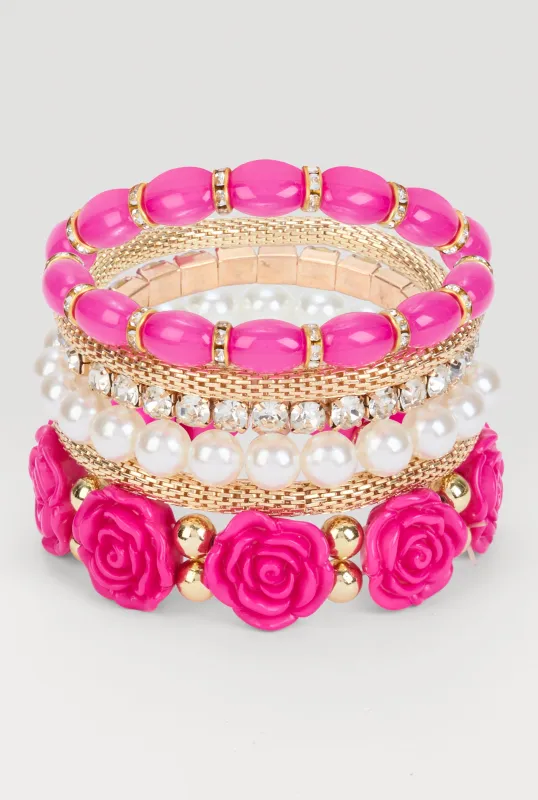 Plus Size Floral Beaded Faux Pearl Stretch Bracelets Set of 6 sold by Rainbow