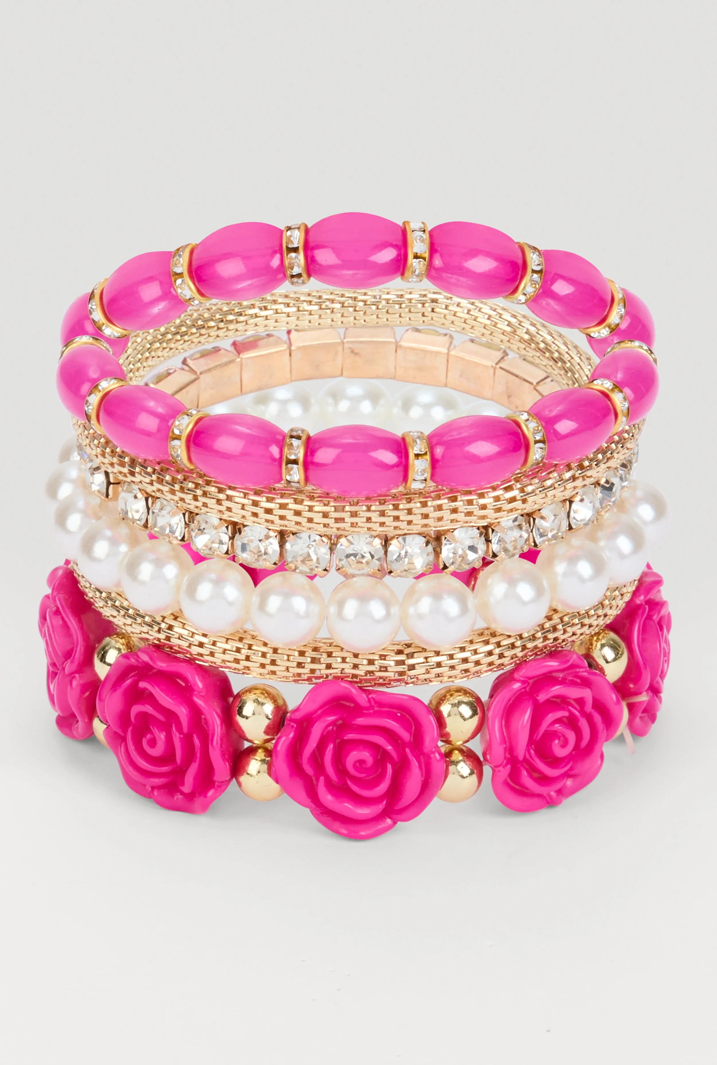 Plus Size Floral Beaded Faux Pearl Stretch Bracelets Set of 6 sold by Rainbow