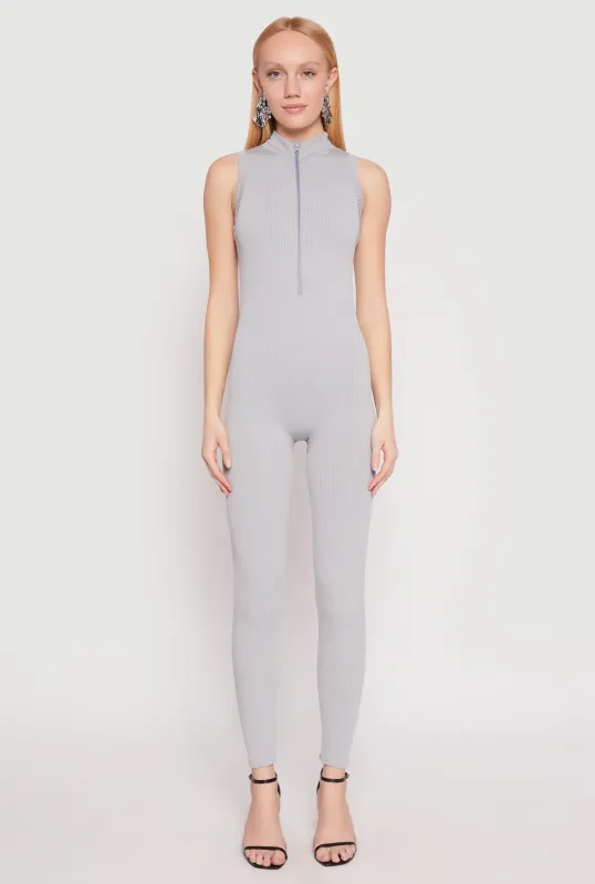 Ribbed Knit Sleeveless Half Zip Catsuit sold by Rainbow