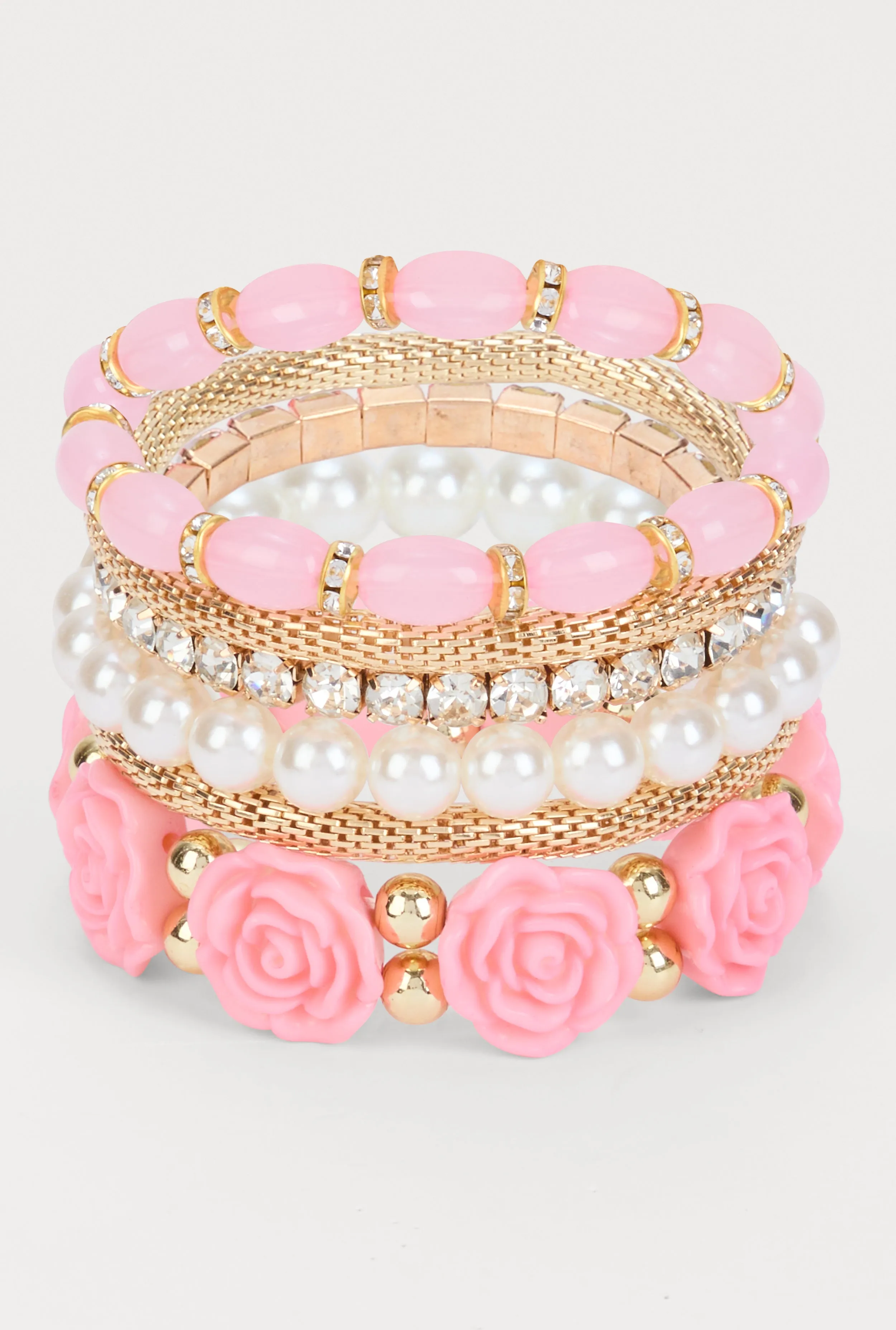 Plus Size Floral Beaded Faux Pearl Stretch Bracelets Set of 6 sold by Rainbow