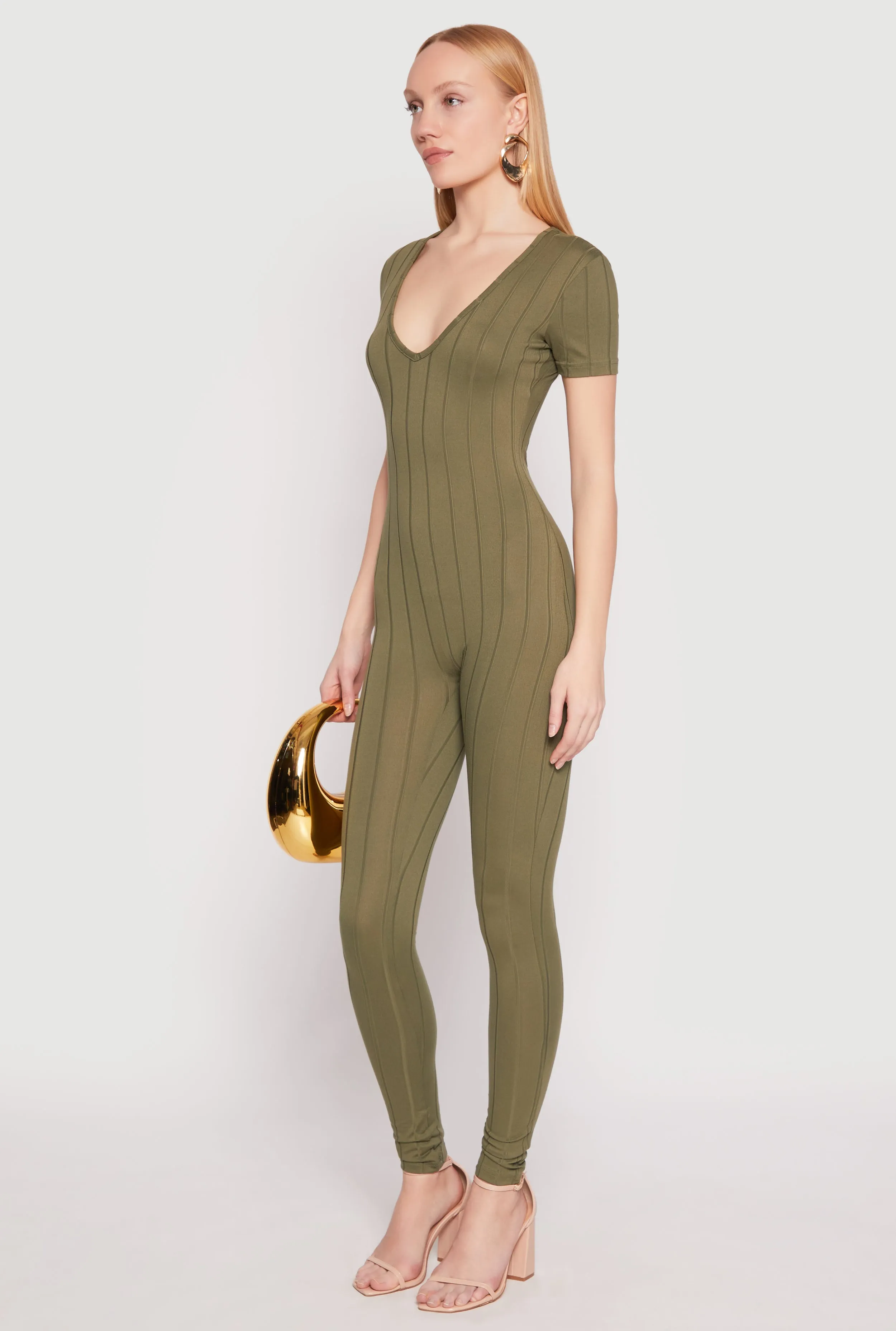 Ribbed Knit Short Sleeve V Neck Jumpsuit sold by Rainbow product image thumbnail 2