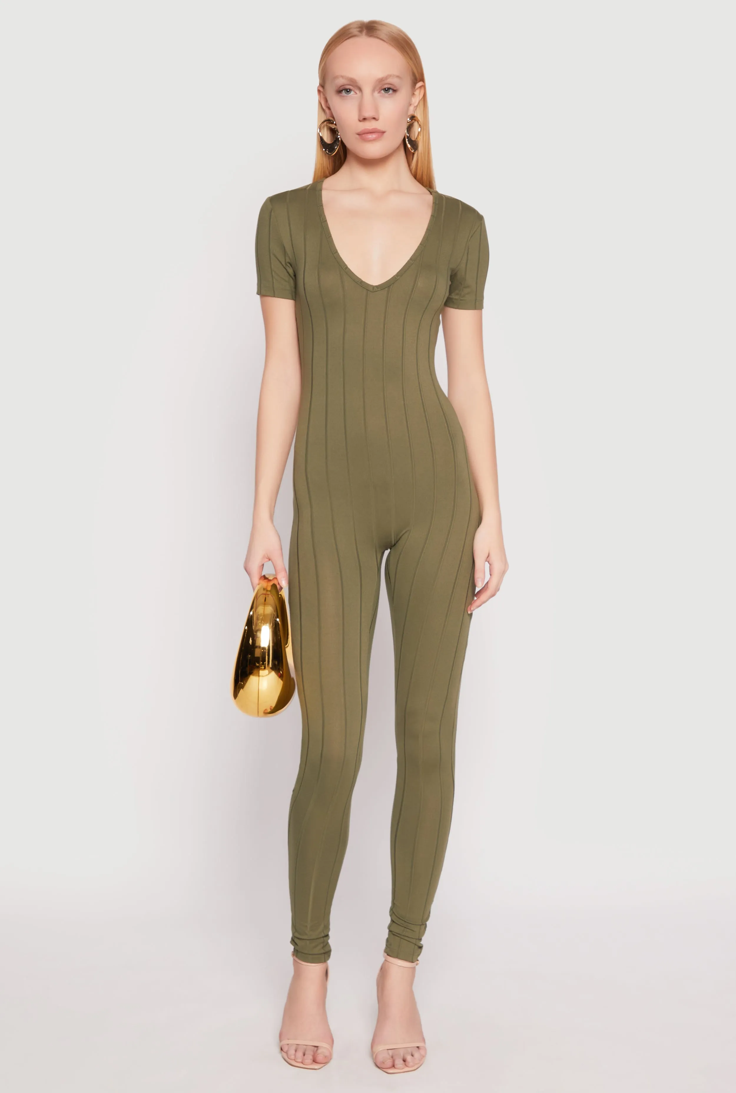Ribbed Knit Short Sleeve V Neck Jumpsuit sold by Rainbow