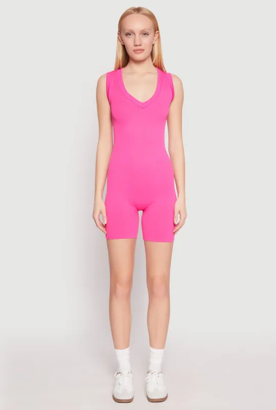 Ribbed Knit Sleeveless V Neck Romper sold by Rainbow