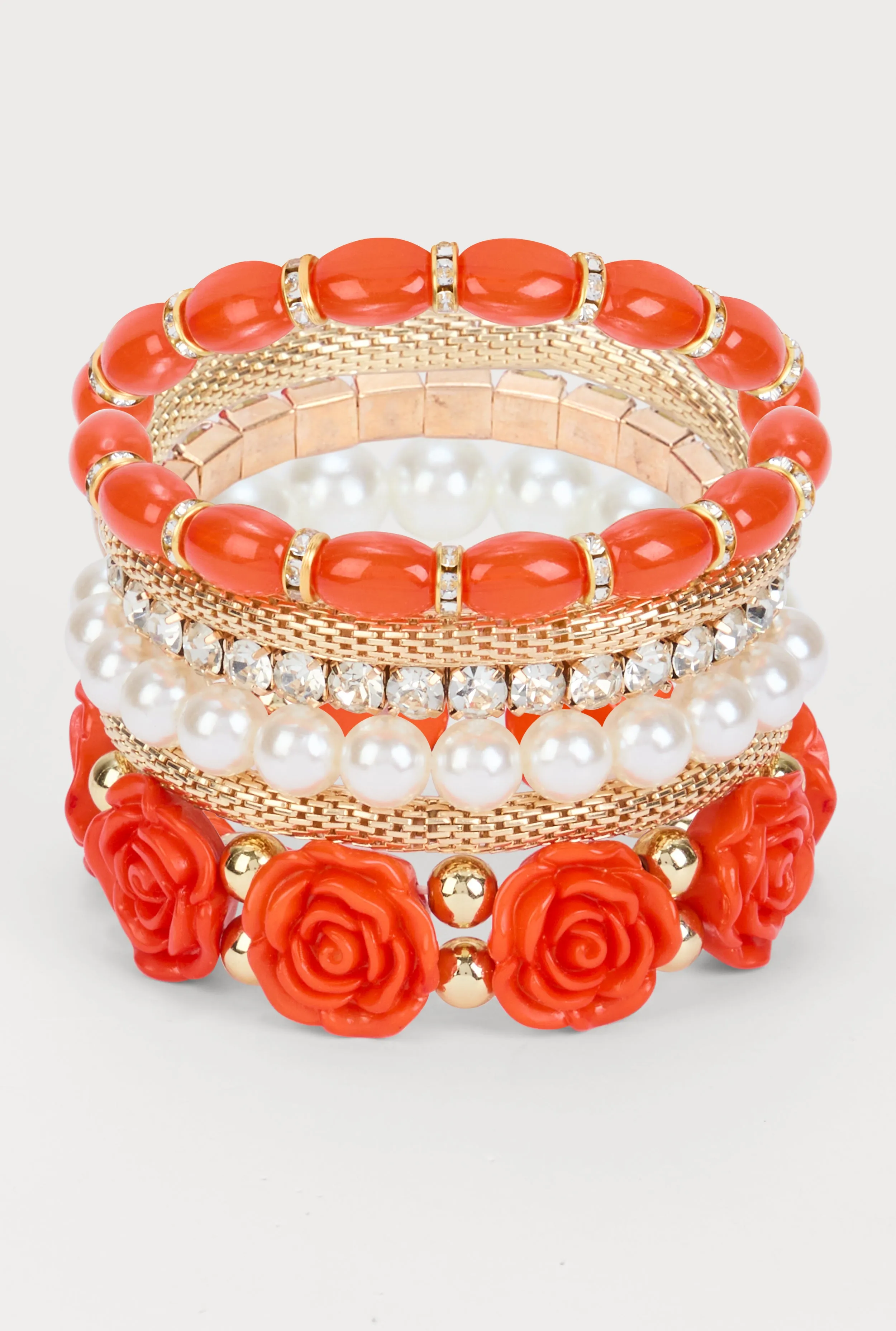 Plus Size Floral Beaded Faux Pearl Stretch Bracelets Set of 6 sold by Rainbow