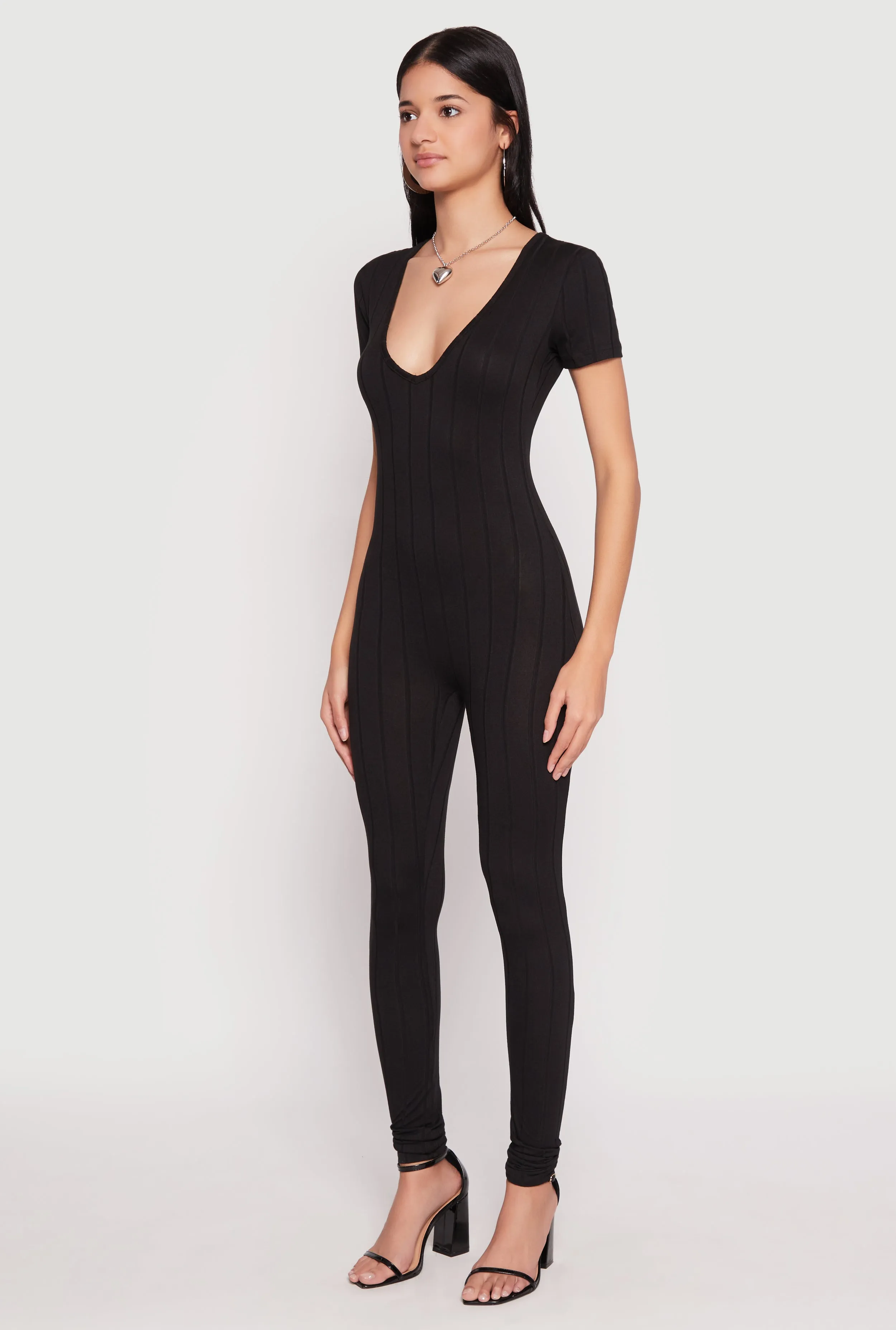 Ribbed Knit Short Sleeve V Neck Jumpsuit sold by Rainbow product image thumbnail 2
