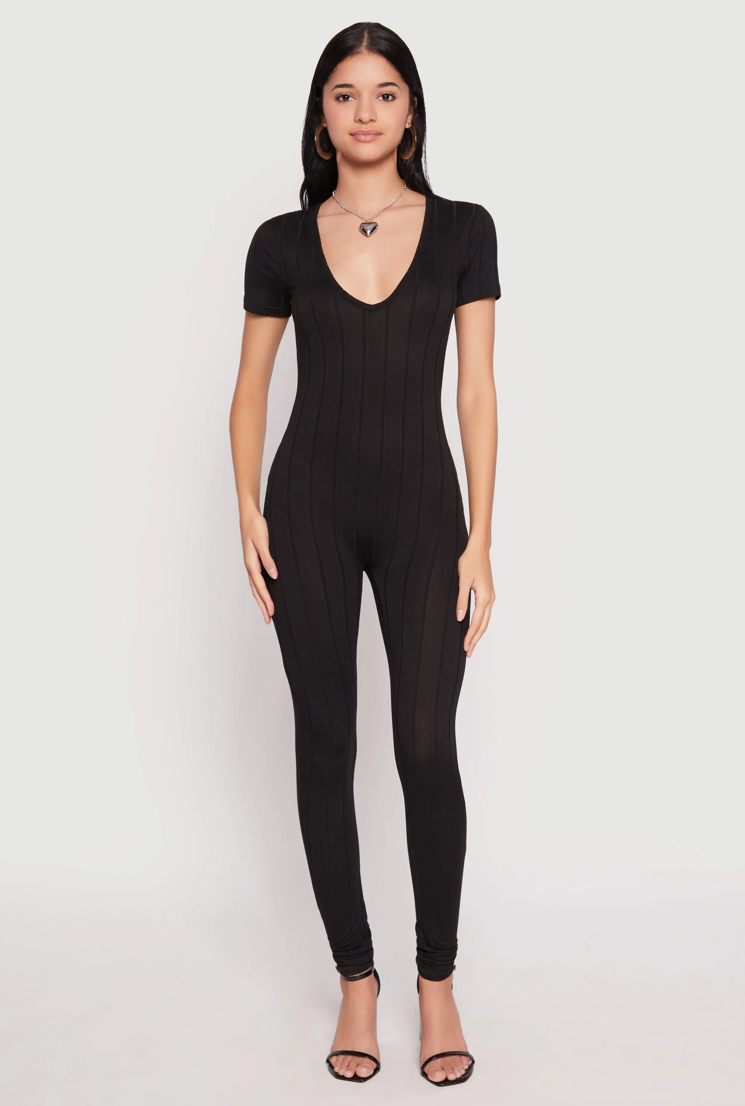 Ribbed Knit Short Sleeve V Neck Jumpsuit sold by Rainbow